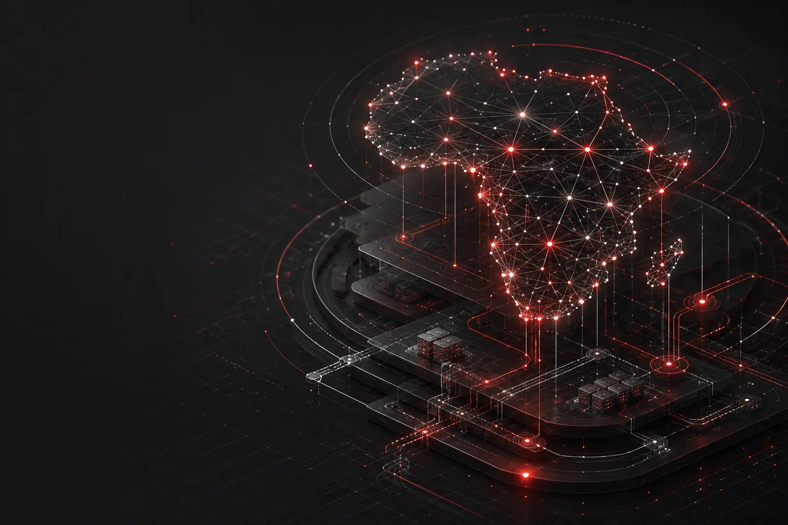 Abstract African cybersecurity architecture formed by interconnected infrastructure and secure data pathways